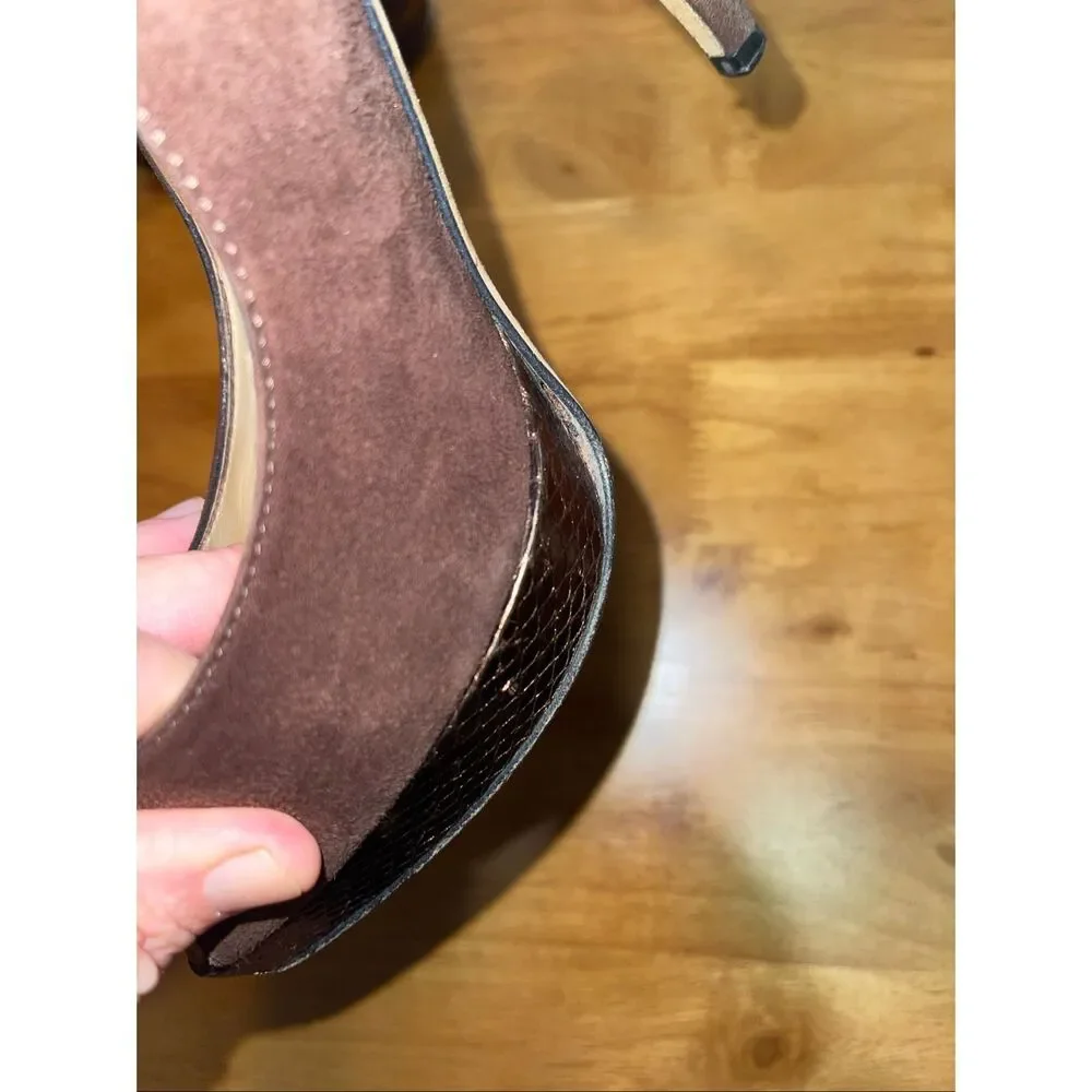 Jimmy‎ Choo Suede Open Toe Pumps Slingback Heels Brown 37.5-7